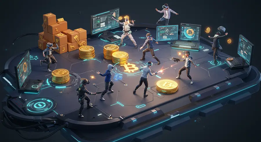 Vibrant image depicting blockchain gaming with interconnected blocks, game characters, and glowing cryptocurrencies