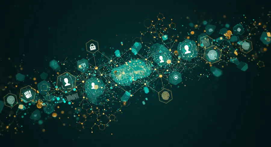 Abstract representation of decentralized identity, with interconnected nodes, biometric symbols, and blockchain elements, conveying security and user control.